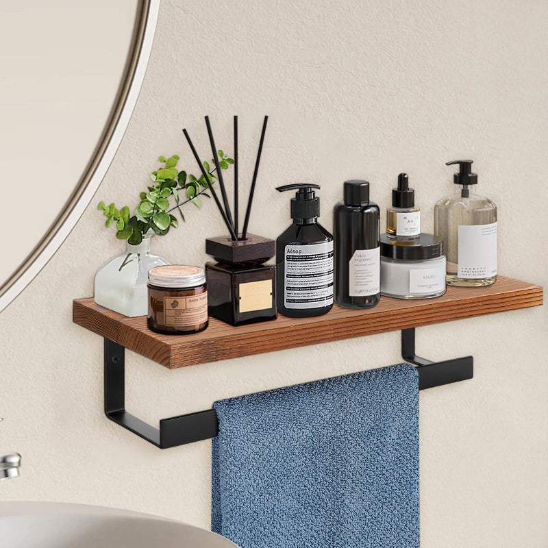 Winmien Hand Towel Holder/Towel Ring with Wooden Shelf, Premium Metal Hand Towel Rack, Hand Towel Hanger for Bathroom, Bath Accessories Wall Mounted (Matte Black, 12 Inch) - Image 4